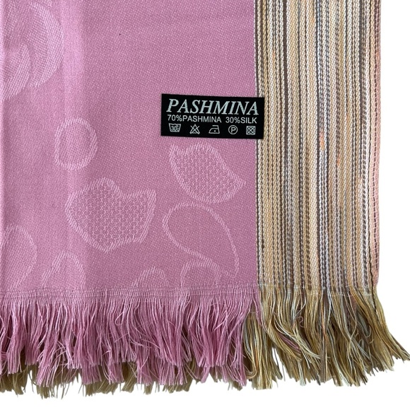 Geometric Pink Brown Silk Pashmina Fringe Shawl Scarf - Picture 5 of 6